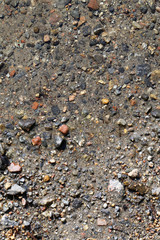 Rocks, sand and birch tree leaves underwater at a Finnish beach.  Beautiful texture. Colorful rocks, brown sand, green and brown leaves and clear water. Photographed directly from above. Color photo.