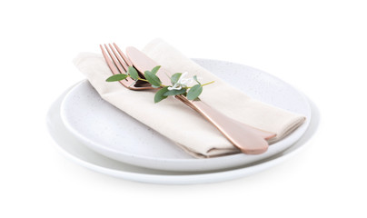 Stylish elegant table setting on white background