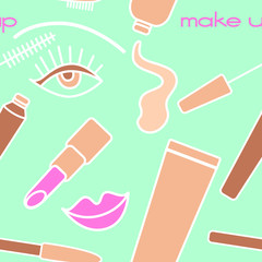 Vector seamless pattern. Simple  illustration of decorative cosmetics in pastel colors: blue, beige,pink,white. Mascara, lipstic, brow pencil, tone cream, eye and  lips. Words make up. 