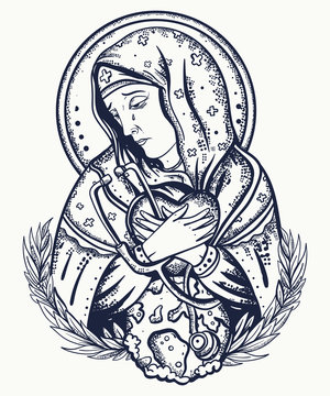 Coronavirus art. Old school tattoo. Stop epidemic. Doctor Virgin Mary prays for the addition of the epidemic. COVID-19. Thanks to doctors of the world. Stay home background. Icon-painting style