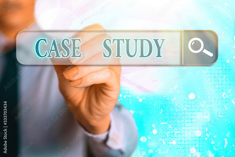 Aufkleber word writing text case study. business photo showcasing man and a specific research design for exami