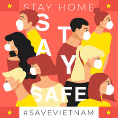 Set of men and women wearing medical mask preventing air pollution and virus with national flag : Stay home, stay safe poster layout : Vector Illustration
