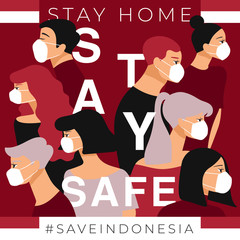 Set of men and women wearing medical mask preventing air pollution and virus with national flag : Stay home, stay safe poster layout : Vector Illustration