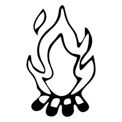 Flat vector illustration of a fire in the form of a black outline. Drawing of a single element on an isolated white background in the Doodle style. For textiles, wrapping paper, fabric, Wallpaper.