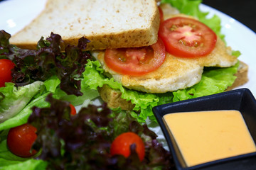 Club Sandwich with Chicken, PIckled Cucumber, Tomato and Smoked Meat. Garnished with sauce on wooden table