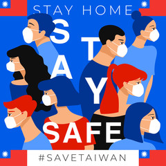 Set of men and women wearing medical mask preventing air pollution and virus with national flag : Stay home, stay safe poster layout : Vector Illustration