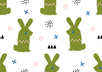 Abstract pattern with cartoon rabbit, woodland animal hare background.