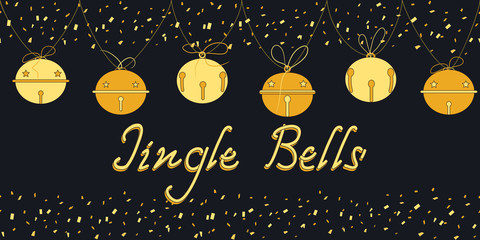 Jingle bells hand drawn lettering. Seamless border with hanging bells. Christmas card with confetti, a garland of golden bells and the inscription Jingle Bells. Xmas and New Year vector background - obrazy, fototapety, plakaty