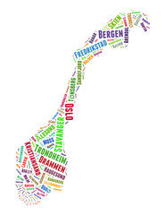 Norway map and list of cities word cloud concept