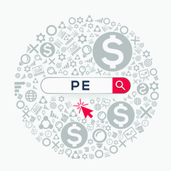 PE mean (price to earnings ratio) Word written in search bar ,Vector illustration.