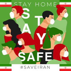 Set of men and women wearing medical mask preventing air pollution and virus with national flag : Stay home, stay safe poster layout : Vector Illustration