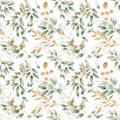 Wallpaper murals Watercolor leaves seamless watercolor floral foliage pattern leaves herbs green pastel delicate branches wrapping wedding romantic natural organic nature gold texture 