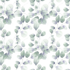 seamless watercolor floral foliage pattern leaves eucalyptus herbs green pastel delicate branches wrapping wedding romantic natural organic nature 