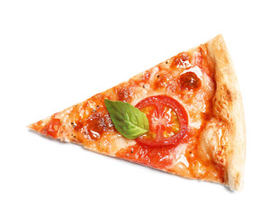 Slice of delicious pizza Margherita isolated on white, top view