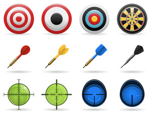 Vector set of sniping scopes, darts and targets isolated on a white background. Includes red, yellow, blue and black darts, 4 round targets and blue and green (night vision) sniper scopes.