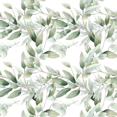 seamless watercolor floral foliage pattern leaves eucalyptus herbs green pastel delicate branches wrapping wedding romantic natural organic nature 