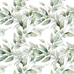 Foto op Plexiglas Aquarel bladerprint naadloze aquarel bloemen gebladerte patroon bladeren eucalyptus kruiden groen pastel delicate takken inwikkeling huwelijk romantisch natuurlijk organisch natuur