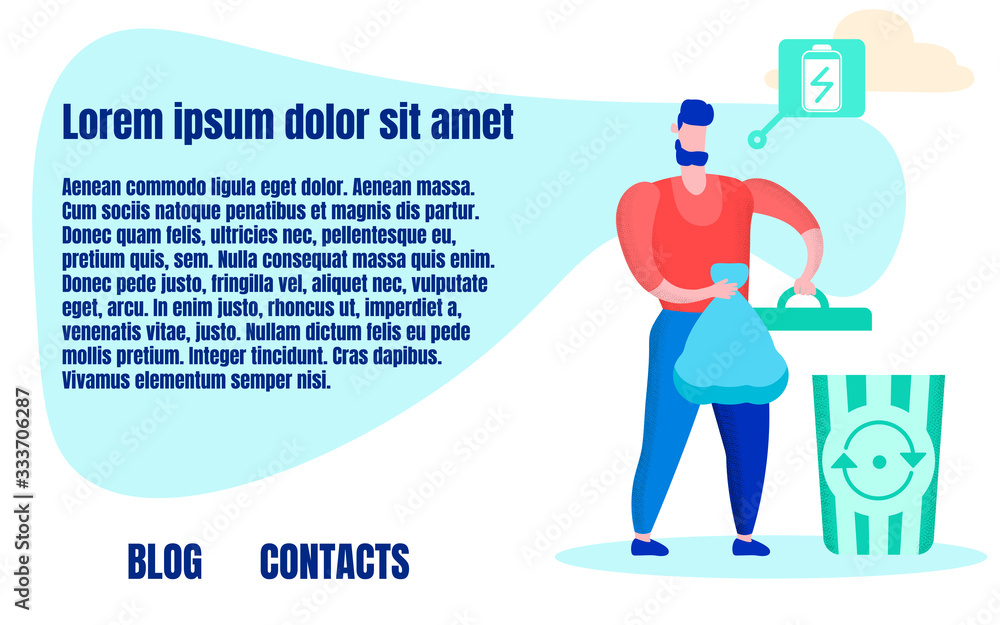 Aufkleber eco standards. bearded man with blue bag in hand open garbage tank. business solutions. vector illus