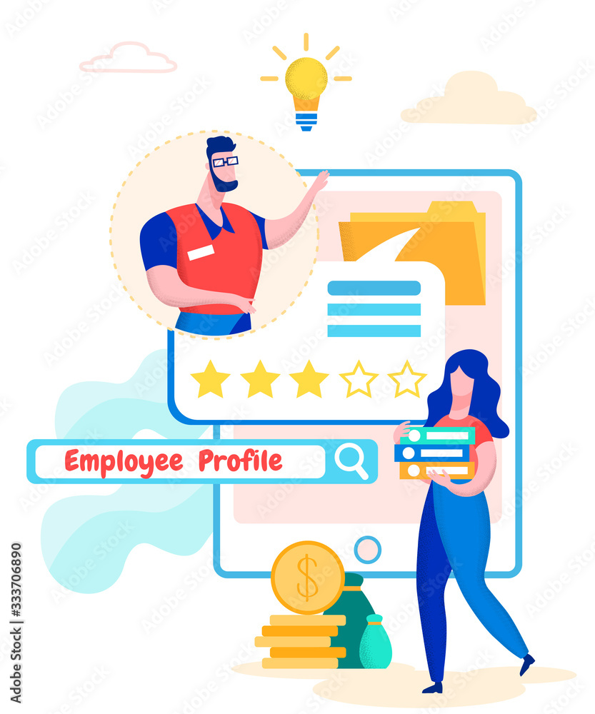 Aufkleber employee profile. man evaluates work. woman carries document folders in hands. business solutions. t