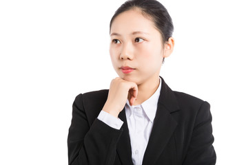 Annoyed woman, funny student with laptop computer playing holding pen between nose and lips as mustache looking up thinking playful bored after working long hours isolated light blue white background