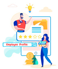 Employee Profile. Man Evaluates Work. Woman Carries Document Folders in Hands. Business Solutions. Team Auditors. Vector illustration. Information Study. Analysis and Statistics. Evaluate Company.