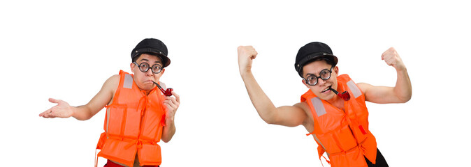 Funny man wearing orange safety vest
