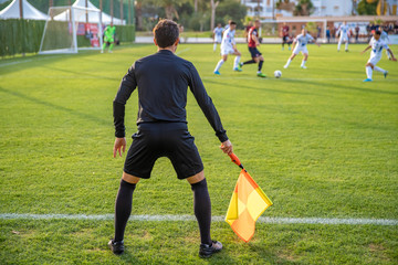 Obraz premium assistant referee in a football match watching the game