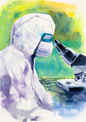 Laboratory assistant in protective overalls, mask and glasses will examine the sample under a microscope. Watercolor. - 333707649