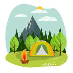 Sunny day landscape illustration in flat style with tent, campfire, trees and mountain. Background for summer camp, nature tourism, camping, hiking  or  glamping design concept