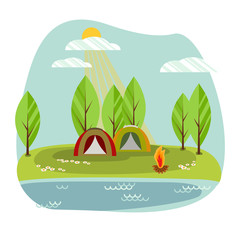 Sunny day landscape illustration in flat style with tents, campfire, trees and water. Background for summer camp, nature tourism, camping, hiking  or  glamping design concept.