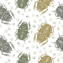 Magic scarab, ancient Egypt mythology. Esoteric seamless pattern. Packing old paper, scrapbooking style. Vintage background. Medieval manuscript, engraving art. Egyptian scarab symbol of pharaoh, sun