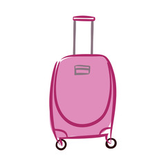Pink plastic luggage suitcase with wheels and a retractable handle isolated on a white background. Baggage bag for vacation journey. Cartoon vector illustration for design banners, flyers, web