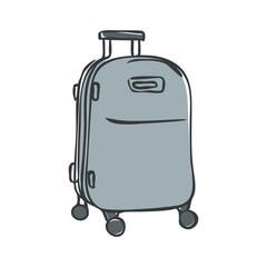 Grey luggage suitcase with wheels and a retractable handle isolated on a white background. Baggage bag for vacation journey. Cartoon vector illustration for design banners, flyers, web
