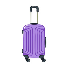 Violet plastic luggage suitcase with wheels and a retractable handle isolated on a white background. Baggage bag for vacation journey. Cartoon vector illustration for design banners, flyers, web