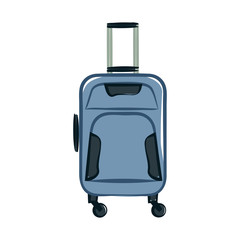 Blue luggage suitcase with wheels and a retractable handle isolated on a white background. Baggage bag for vacation journey. Cartoon vector illustration for design banners, flyers, web