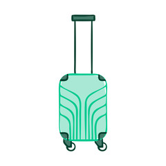Turquoise plastic luggage suitcase with wheels and a retractable handle isolated on a white background. Baggage bag for vacation journey. Cartoon vector illustration for design banners, flyers, web