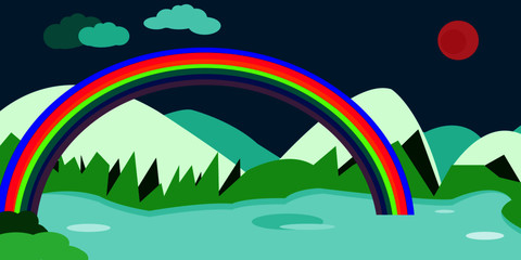 Beautiful landscape with sun and rainbow