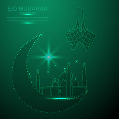 Happy Eid Mubarak consists of green dots. Abstract vector image of a mosque and ketupat (the diamond) in the sky or starred space.