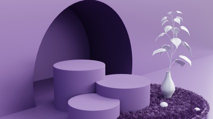 Abstract mock up pastel color Scene, purple geometric shape podium background with branch and leaf in white vase,3d rendering.