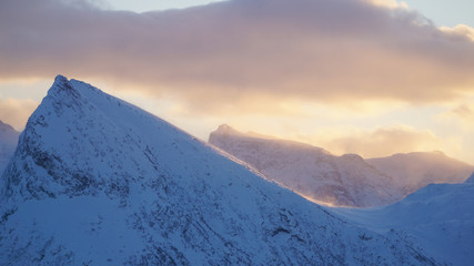 Cold snowy white winter landscapes near Fredvang village on the Lofoten Islands in Norway.