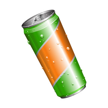 Realistic Green And Orange Vector Energy Drink Can. Can Represent A Cold And Wet Aluminum Package, Caffeine And Non Alcoholic Beverages, Taurine And Vitamin B, Refreshments, Sugar, Unhealthy Drinking.