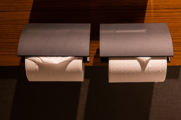 Toilet paper on toilet wall, dark walls