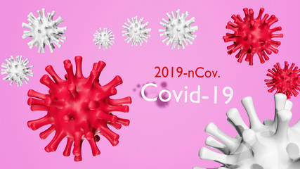 Disease COVID-19 infection. Background with realistic  red and white virus cells.   3D rendering,3D illustration.