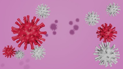 Disease COVID-19 infection. Background with realistic  red and white virus cells.   3D rendering,3D illustration.