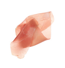 Slice of tasty prosciutto isolated on white