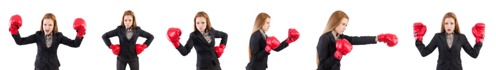Woman businesswoman with boxing gloves on white