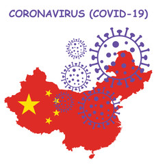 Coronavirus COVID 19 graphic overlaid on map of china isolated on white background 