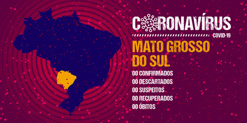 Infographics for epidemic progression in the state of Mato Grosso do Sul, Brazil. Text in brazilian portuguese saying  "coronavirus, confirmed, discarded, suspect, recovered, deaths".