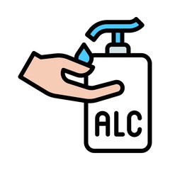 wash hand or hygiene related alcoholic sanitizer drop on hand with written text vector with editable stroke,