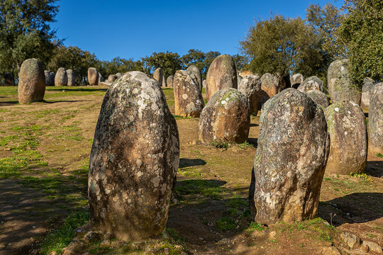 Almendres Cromlech. Megalithic stone circle located near Evora in Portugal. Chronology: IV-III millennium.